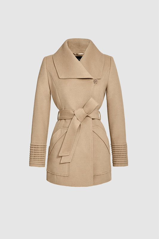  Sentaler Cropped Wide Collar Wrap Coat featured in Baby Alpaca and available in Camel. Seen as belted and buttoned off figure.