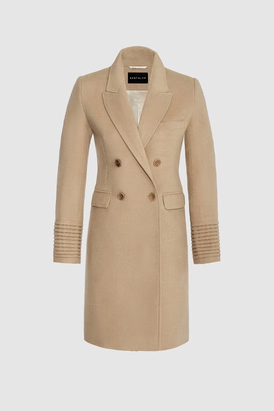 Sentaler Double Breasted Tailored Coat featured in Baby Alpaca and available in Camel. Seen as off figure belted.
