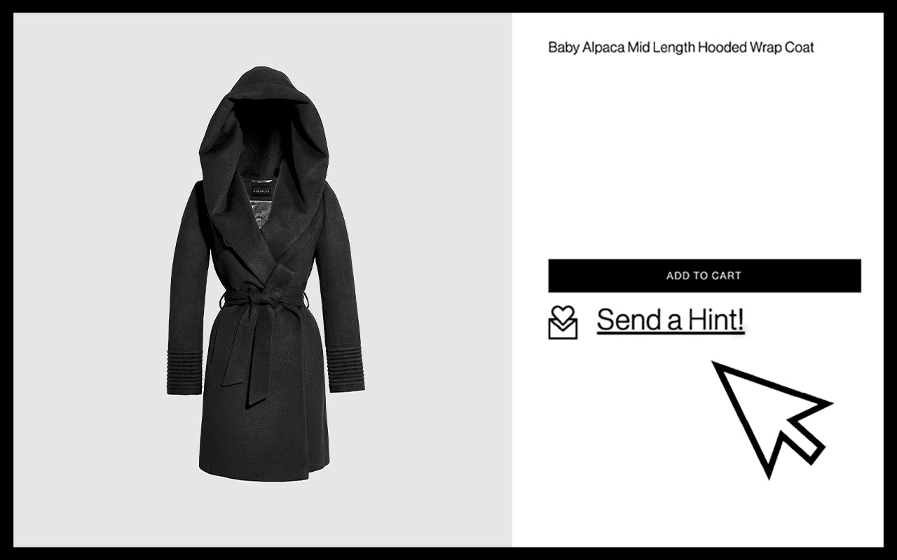 SENTALER Baby Alpaca Mid Length Hooded Wrap Coat in black shown on light grey background. On the right, text reads “Baby Alpaca Mid Length Hooded Wrap Coat” above black “Add to Cart” button and “Send a Hint!” link with envelope icon and large cursor arrow pointing toward it