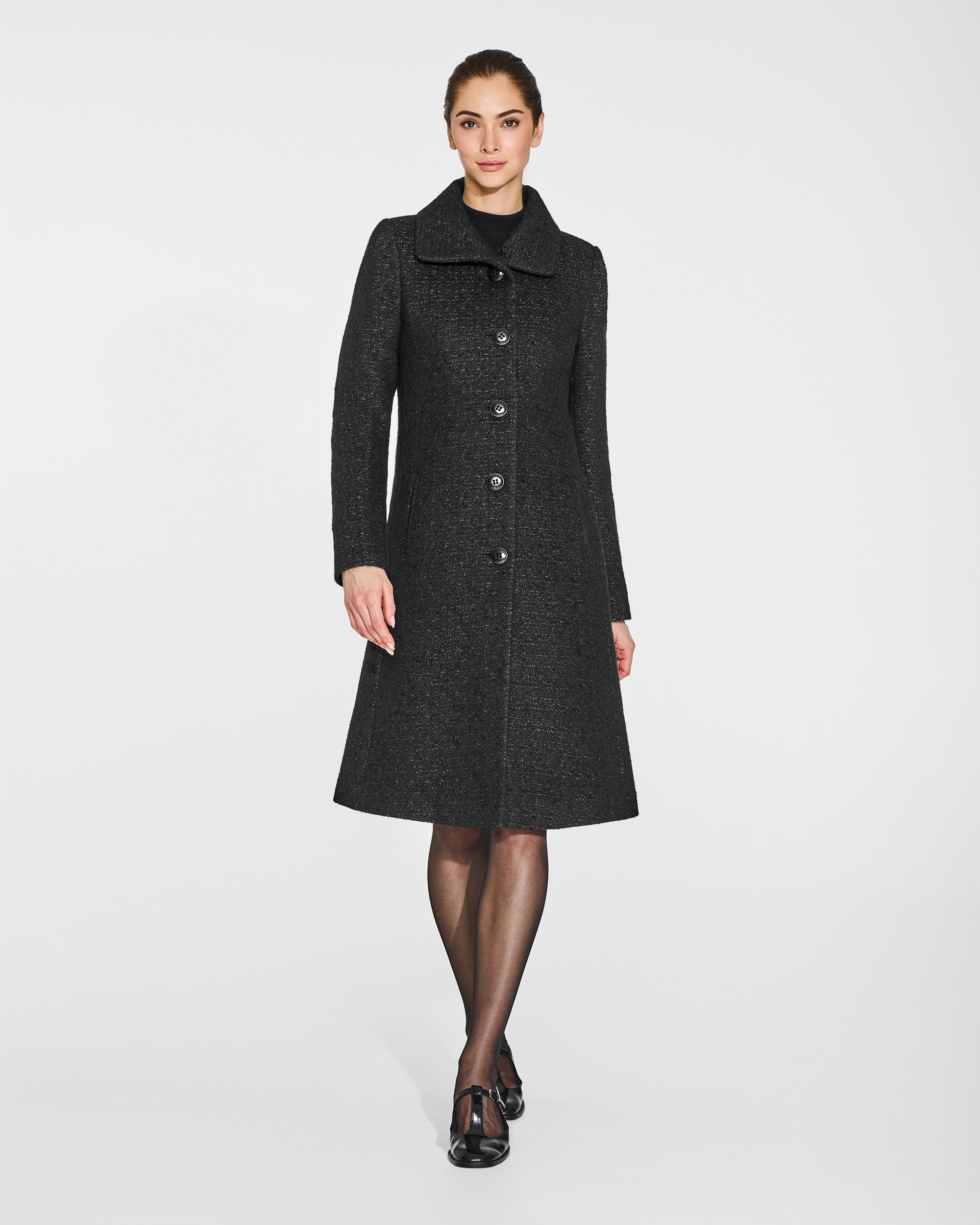 Glittered Tweed Suri Alpaca A-line Black Coat | SENTALER