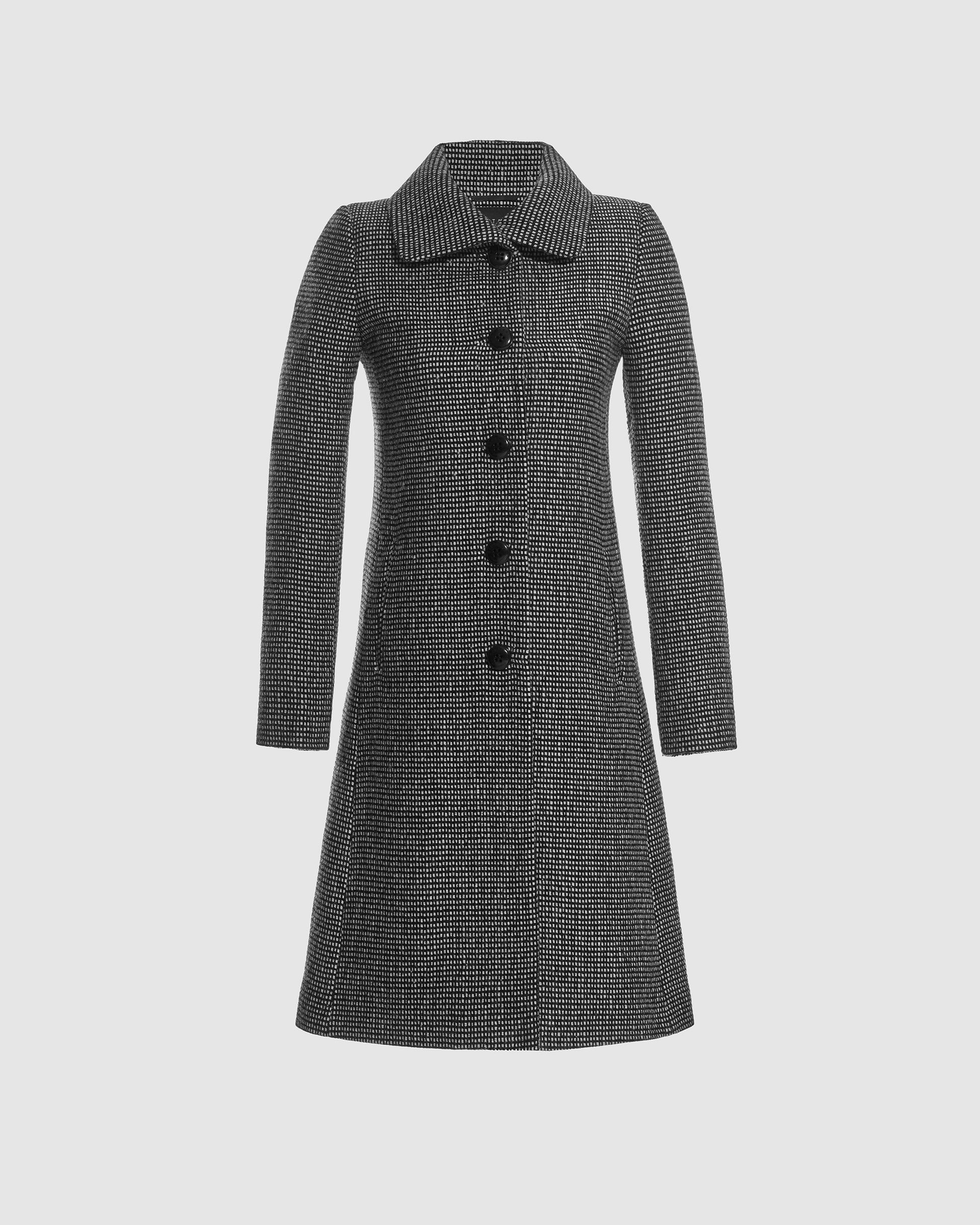 Sentaler black, gold and ivory A-line coat made of tweed suri alpaca wool with empire waist, buttoned.