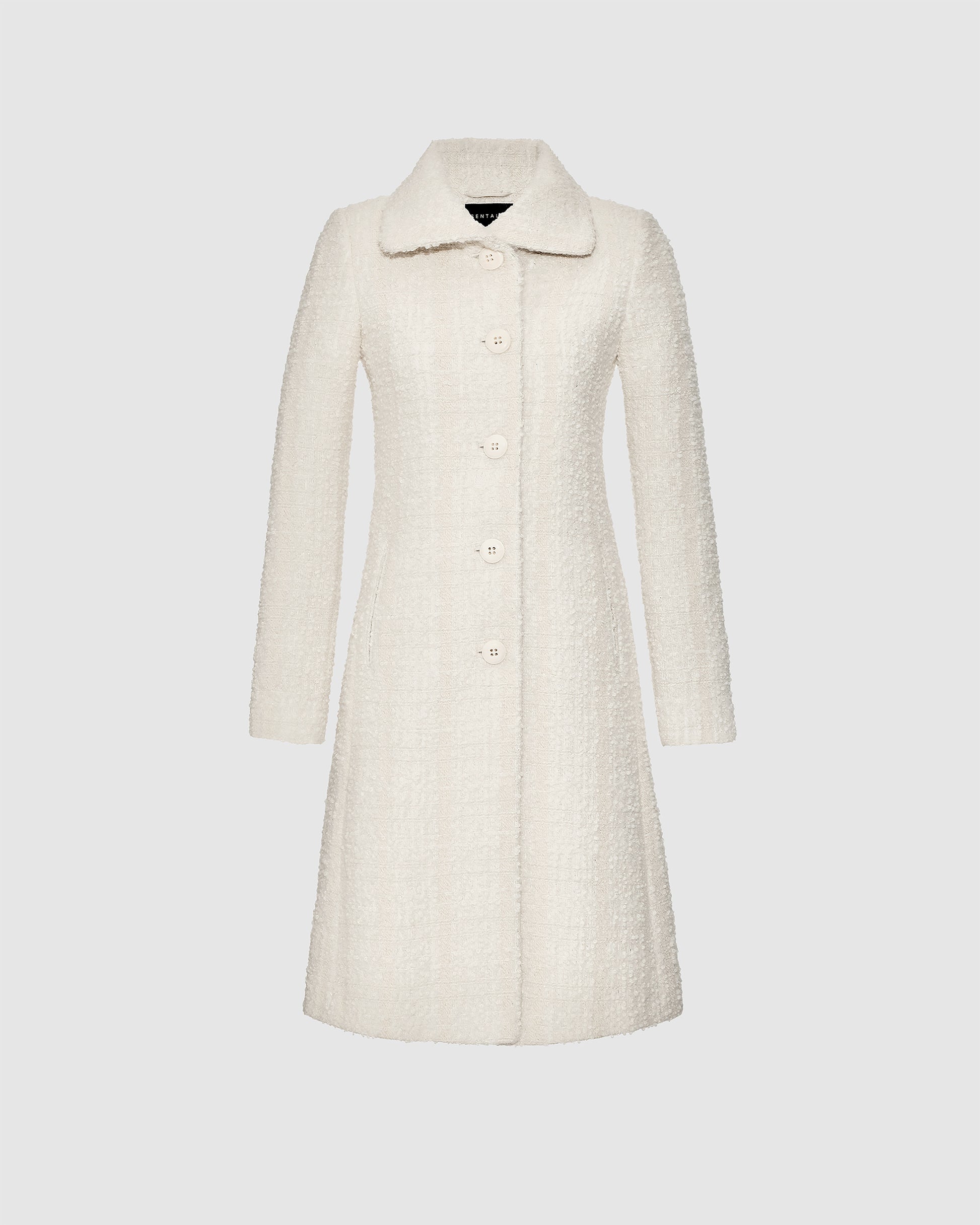 Sentaler ivory glittered A-line coat made of tweed suri alpaca wool with empire waist,  buttoned.