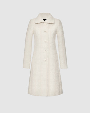 Sentaler ivory glittered A-line coat made of tweed suri alpaca wool with empire waist,  buttoned.