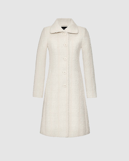 Sentaler ivory glittered A-line coat made of tweed suri alpaca wool with empire waist,  buttoned.