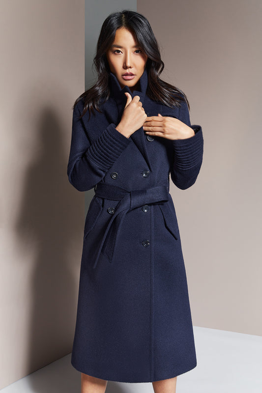 Sentaler Long Double Breasted Trench Coat crafted in Baby Alpaca wool and in Deep Navy. Seen from front on female model.