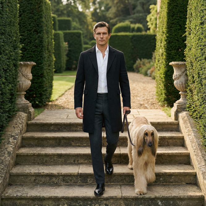 Sentaler Notched Lapel Black Overcoat in Baby Alpaca wool. Seen open.