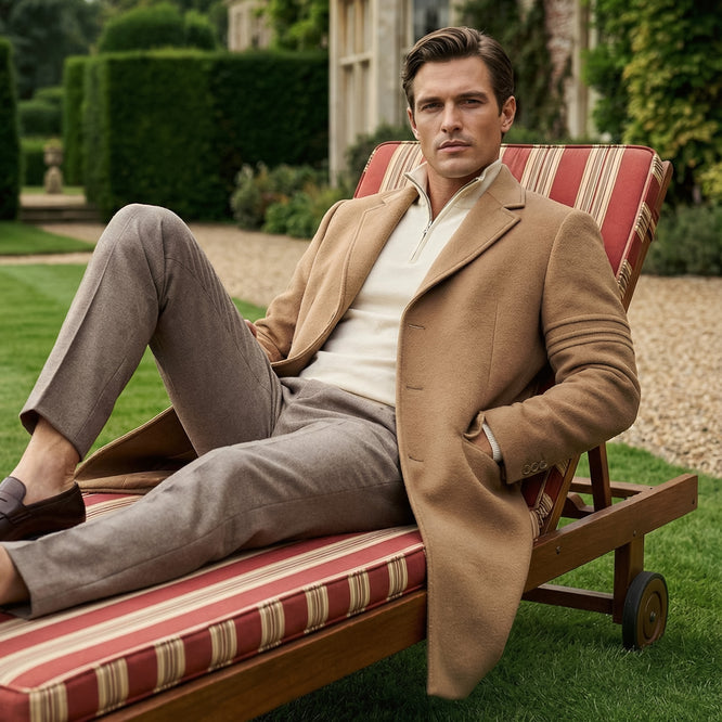 Sentaler Notched Lapel Dark Camel Overcoat in Baby Alpaca wool. Seen open.