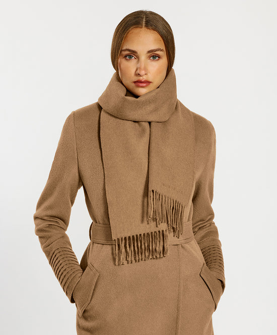 Mid Length Shawl Collar Wrap Camel Coat | SENTALER