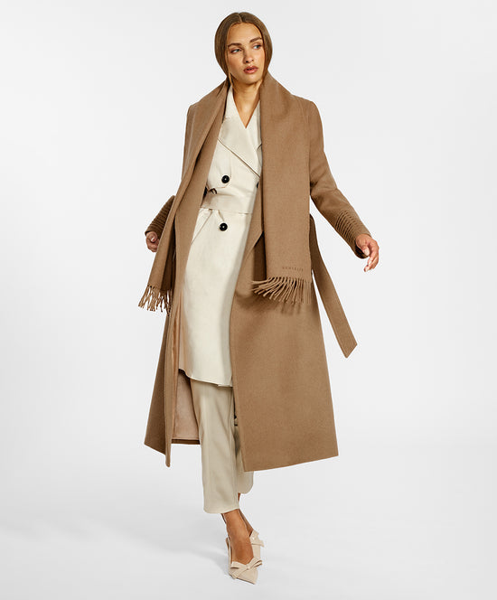 Sentaler Long Notched Collar Wrap Coat and Baby Alpaca Classic Scarf crafted in Baby Alpaca wool and in Dark Camel Brown. Seen from front open on female model.