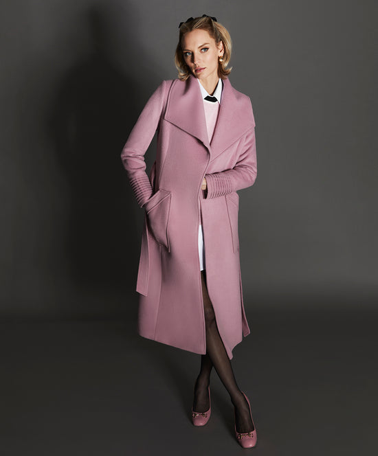 Sentaler Long Wide Collar Wrap Peony Pink Coat in Baby Alpaca wool. Seen from front open on female model.