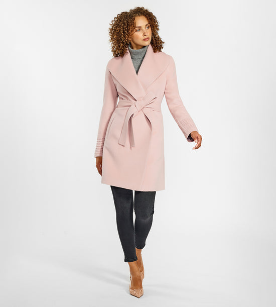 Sentaler Mid Length Shawl Collar Wrap Coat crafted in Baby Alpaca and in Pink Tint. Seen from front on female model.