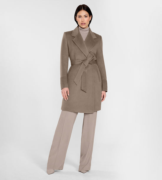 Sentaler Mid Length Notched Collar Wrap Coat featured in Baby Alpaca and available in Warm Taupe Neutral. Seen from front on female model.