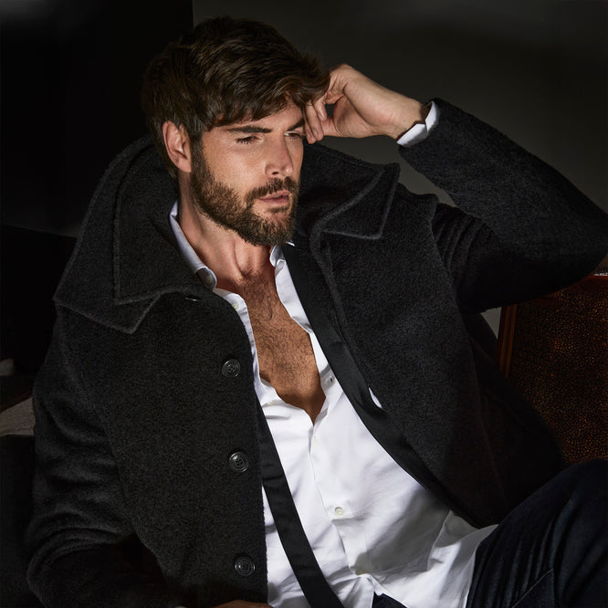 Sentaler Double Collar Black Topcoat in Bouclé Alpaca wool. Seen open.