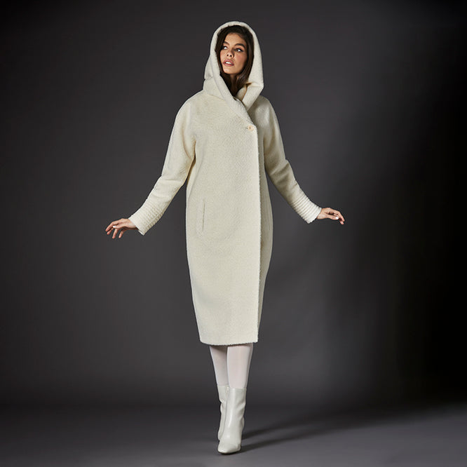 Sentaler Bouclé Alpaca Long Hooded Ivory White Coat in Bouclé Alpaca wool. Seen from front hooded on female model.