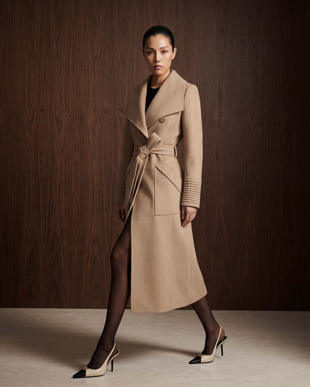 SENTALER Long Wide Collar Wrap Coat in Camel, Baby Alpaca — worn by a female model, front view, belted.