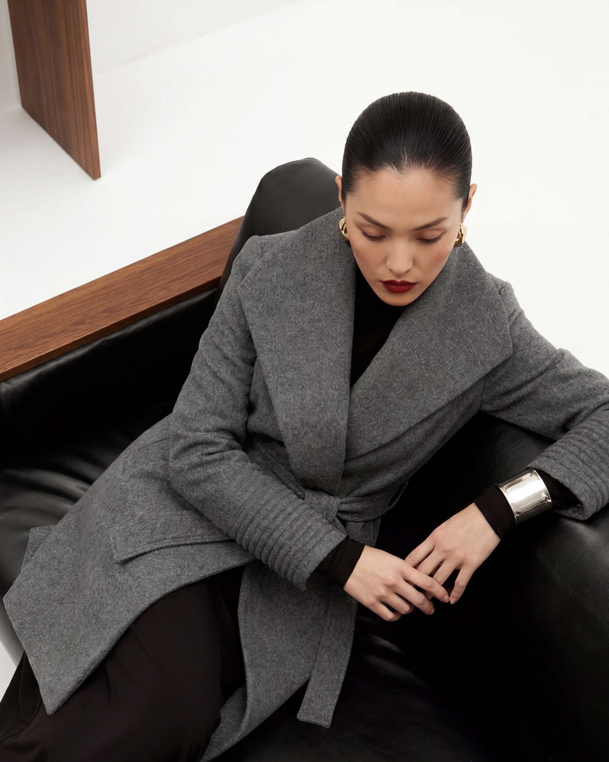 Baby Alpaca Mid Length Shawl Collar Wrap Coat | SENTALER