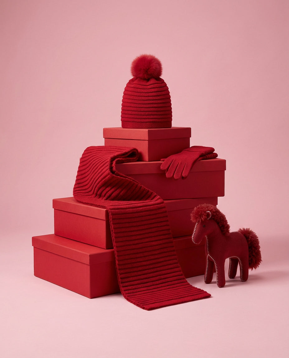 Sentaler women’s garnet red ribbed winter accessories set including hat, scarf, and gloves made of Baby Alpaca fabric, displayed on pink boxes.