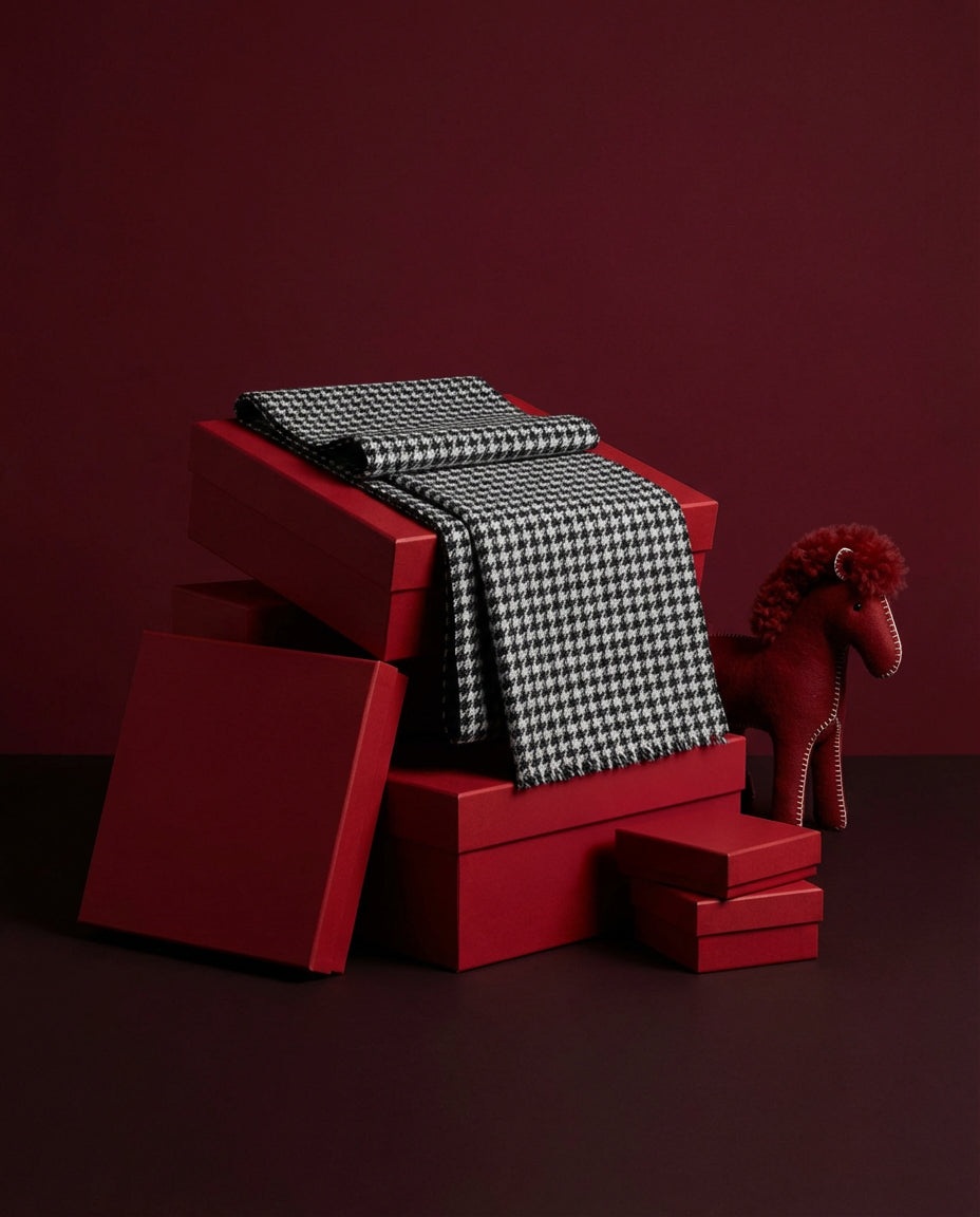 Sentaler women’s Black & White Houndstooth scarf made of Baby Alpaca fabric, displayed on a red background.