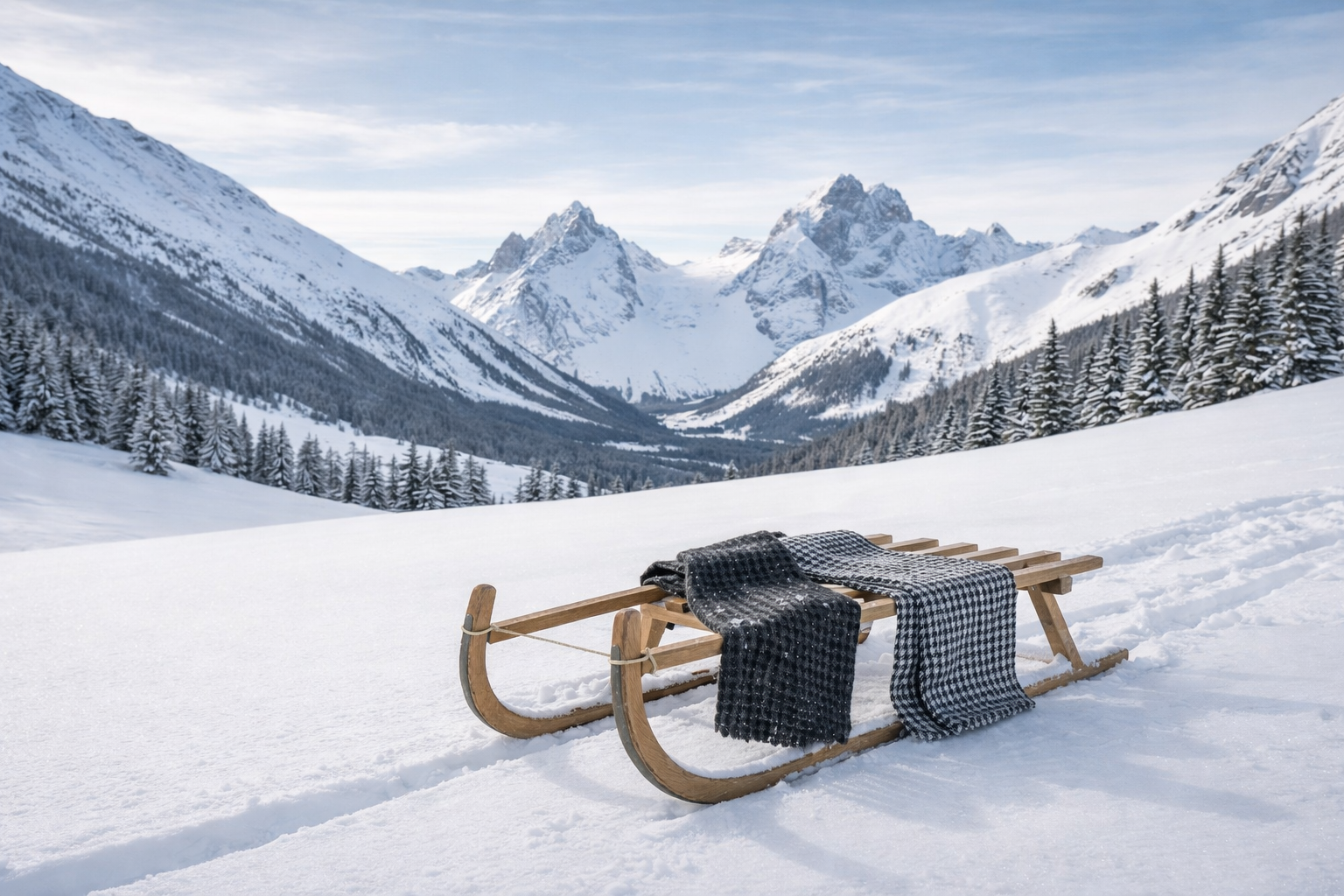 Sentaler women’s Black & White Houndstooth & Black & Graphite Houndstooth scarves made of Baby Alpaca fabric, displayed on a sled on a snowy mountain background.