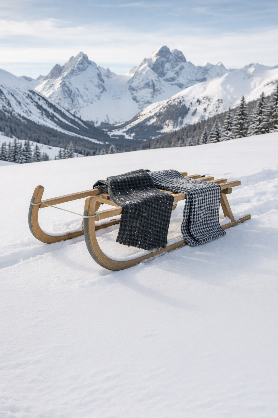 Sentaler women’s Black & White Houndstooth & Black & Graphite Houndstooth scarves made of Baby Alpaca fabric, displayed on a sled on a snowy mountain background.