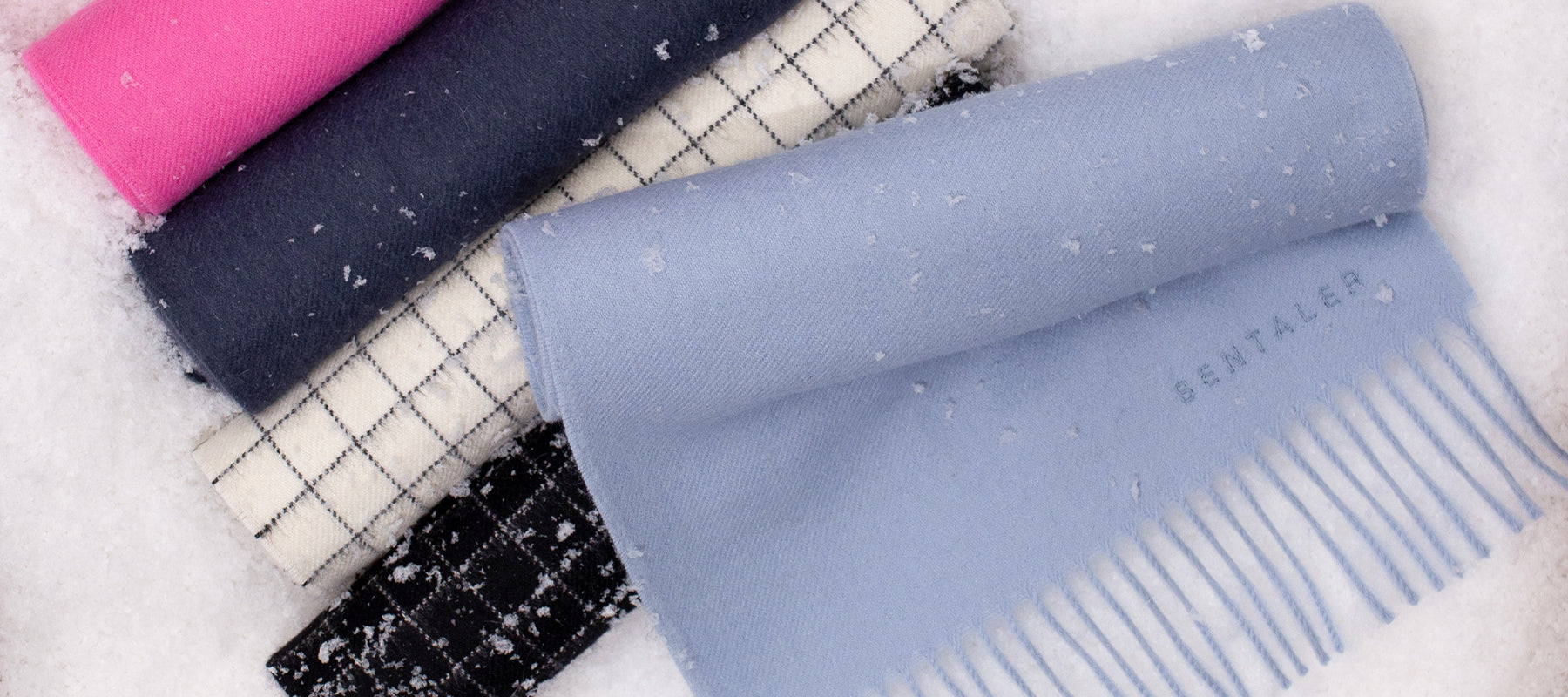 Sentaler Baby Alpaca Classic Scarves rolled in snow. Seen in Cosmetic Pink, Graphite, Ivory Check, Black Check and Powder Blue.