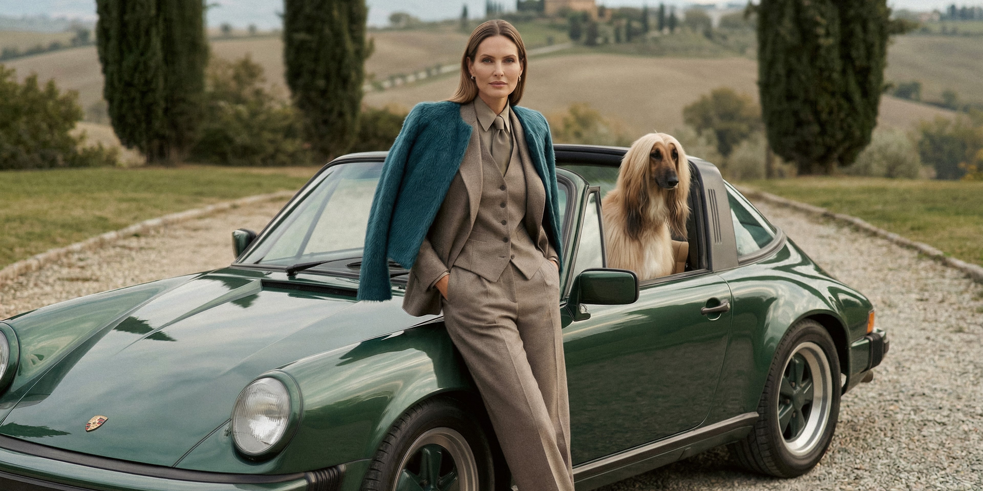 Front view of model wearing a Sentaler moto emerald green jacket made of textured suri alpaca wool, worn open.