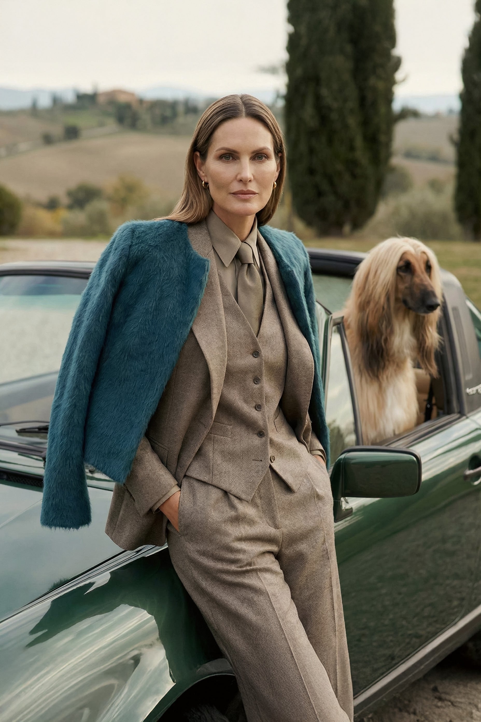 Front view of model wearing a Sentaler moto emerald green jacket made of textured suri alpaca wool, worn open.