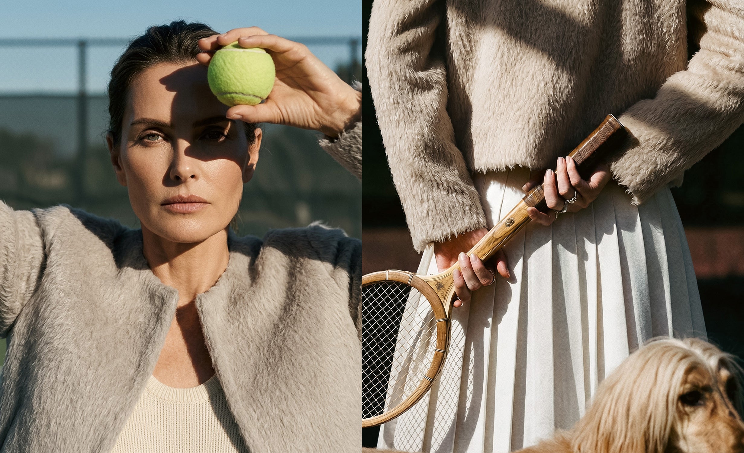 Front and Back close up views of model wearing a Sentaler moto oat jacket made of textured suri alpaca wool, worn buttoned.