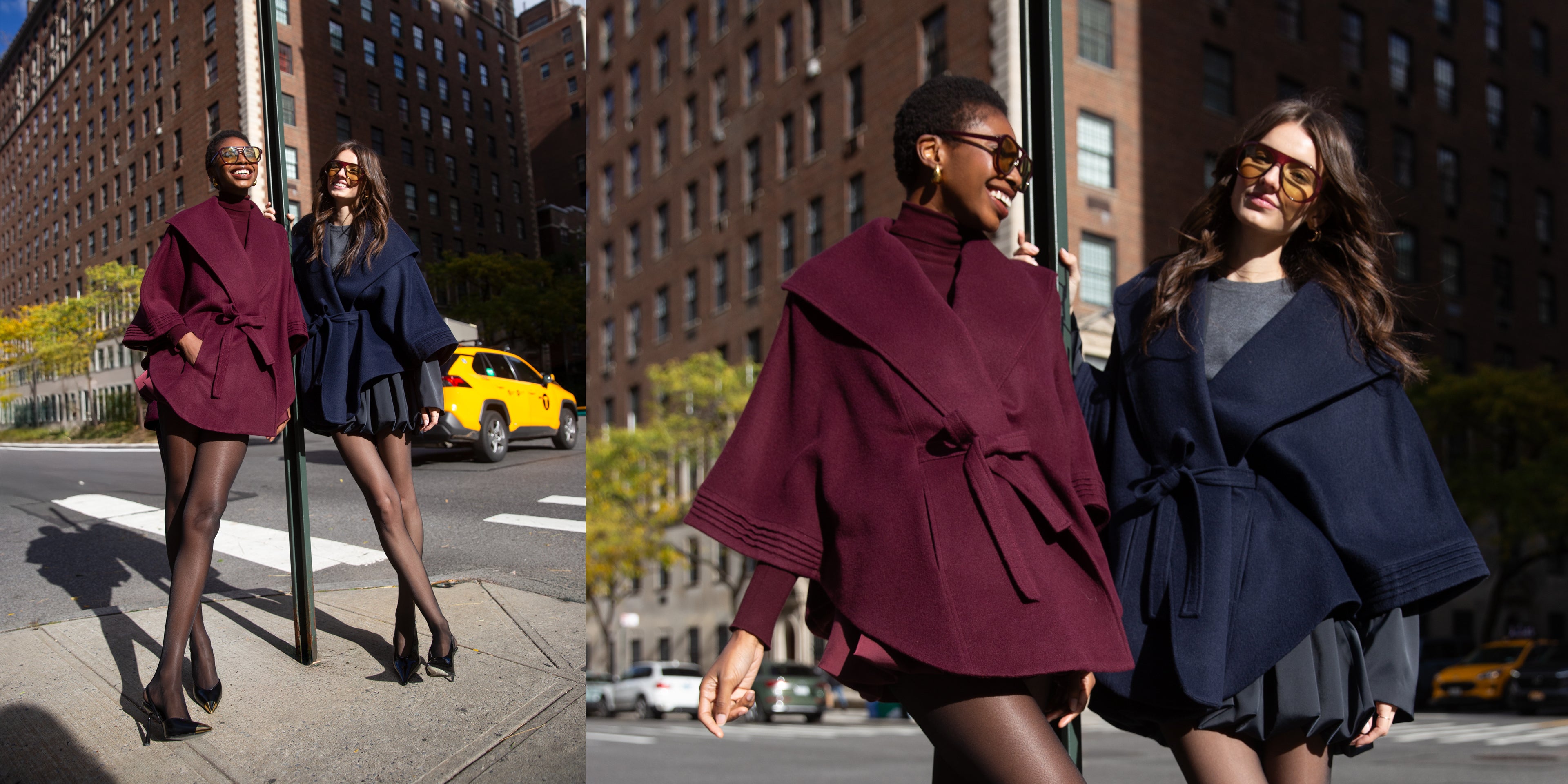 View of models wearing Sentaler cherry lacquer & deep navy capes made of baby alpaca wool, with a shawl collar, worn belted with matching cherry lacquer classic baby alpaca scarf.
