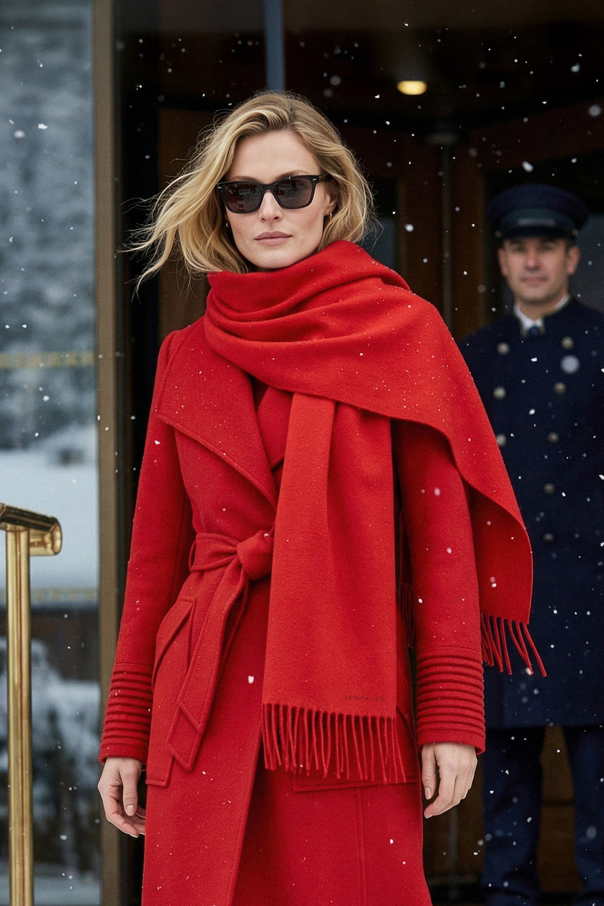 Front view of model wearing a Sentaler scarlet red long wrap coat made of baby alpaca wool, with a wide collar, worn belted.