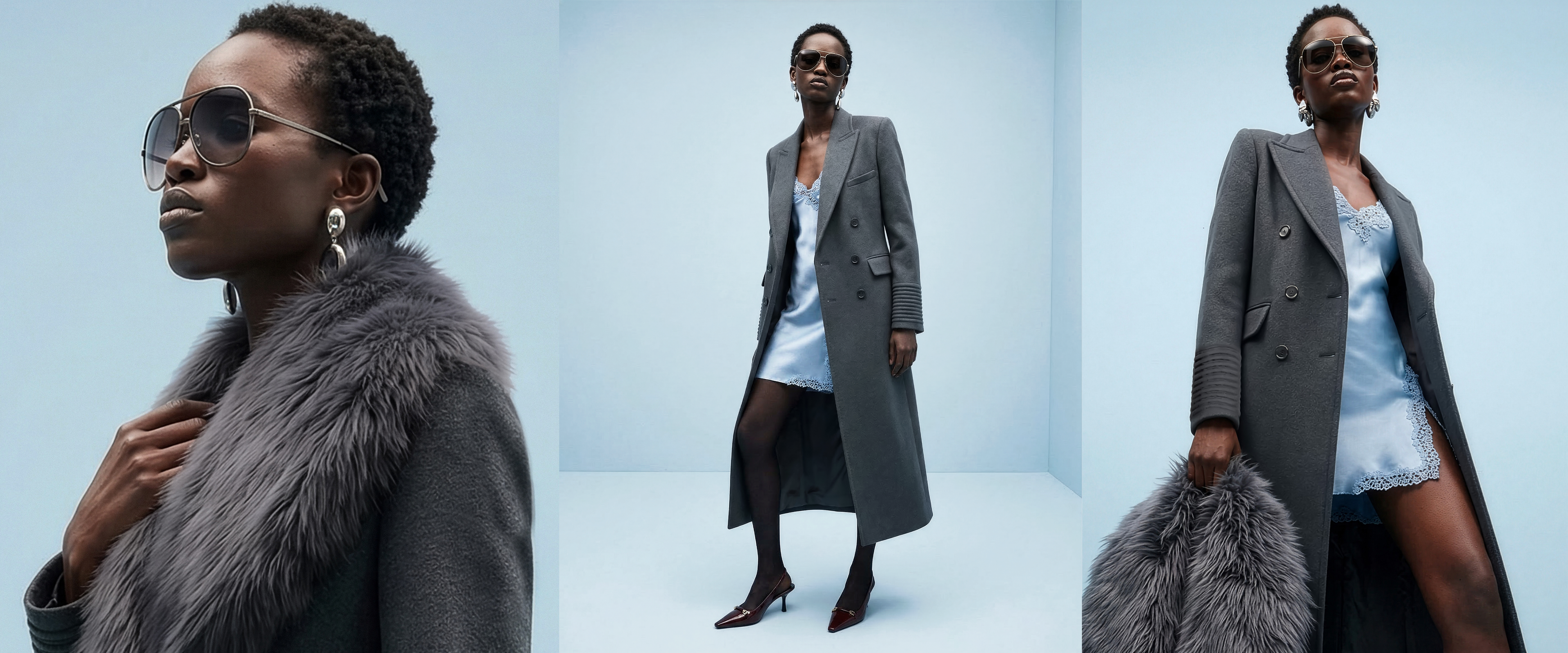 Front view of model wearing a Sentaler graphite double breasted maxi coat made of baby alpaca wool, with a peak collar, worn unbuttoned with shearling collar.