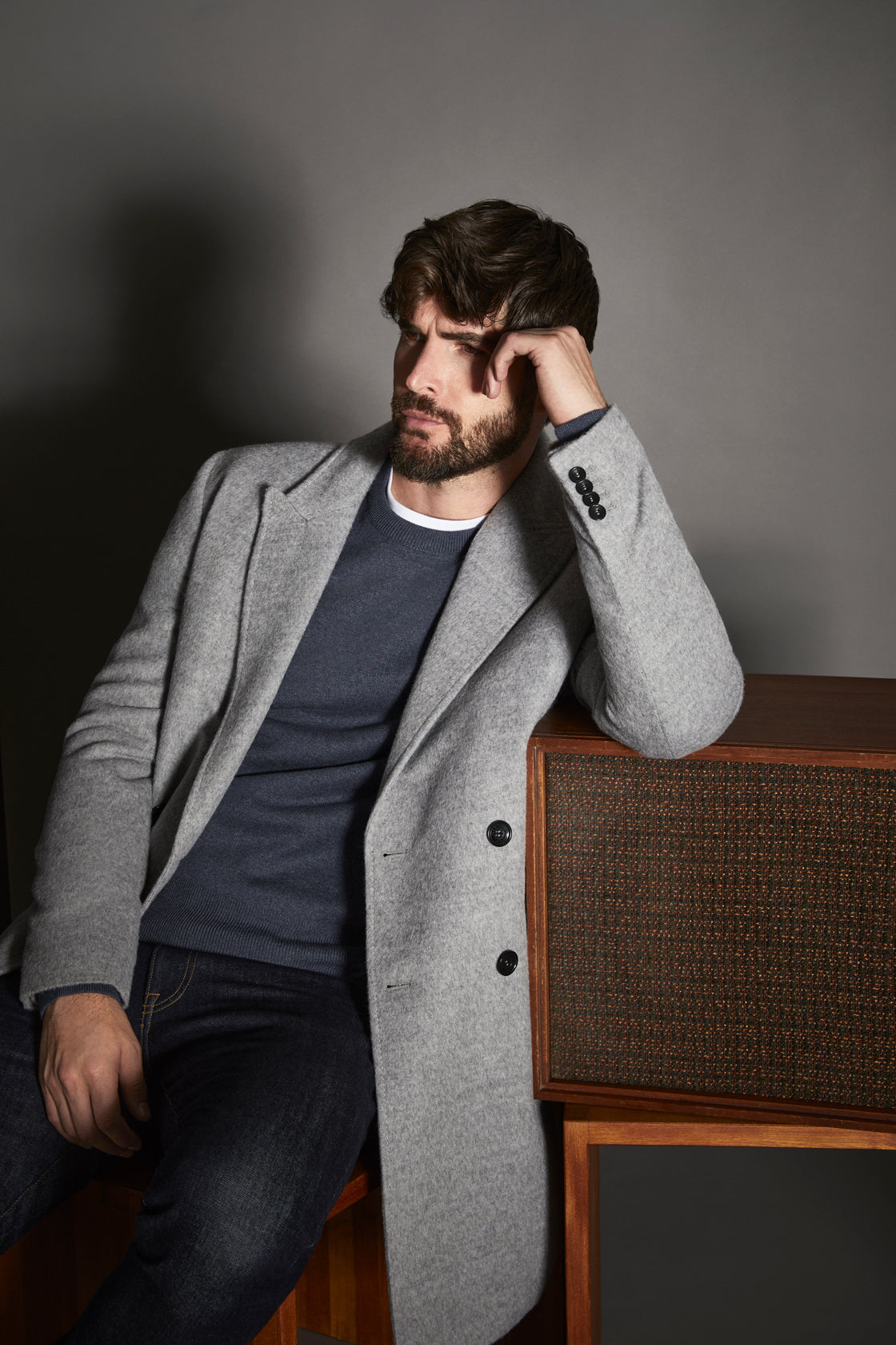 Sentaler Double Breasted Grey Check Overcoat in Suri Alpaca wool. Seen open.