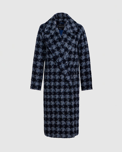 Sentaler Alpaca Long Raglan Sleeve Navy Houndstooth Coat in Suri Alpaca wool. Seen as off figure.