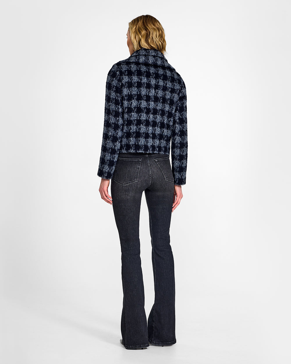 Sentaler Alpaca Double Collar Moto Navy Houndstooth Jacket in Suri Alpaca wool. Seen from back on female model.