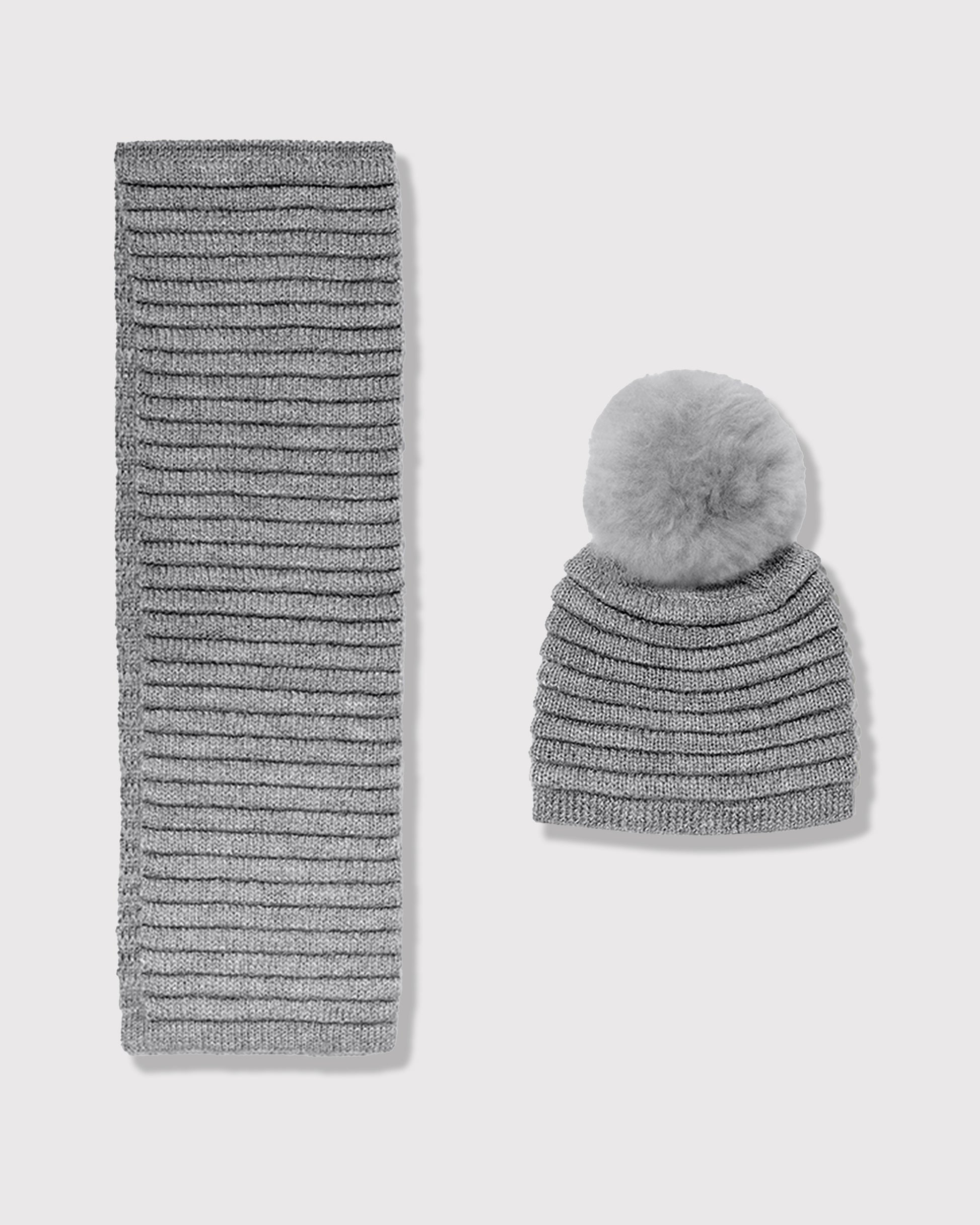 Sentaler kids grey accessories set made from Baby Alpaca fabric, displayed on a white background.