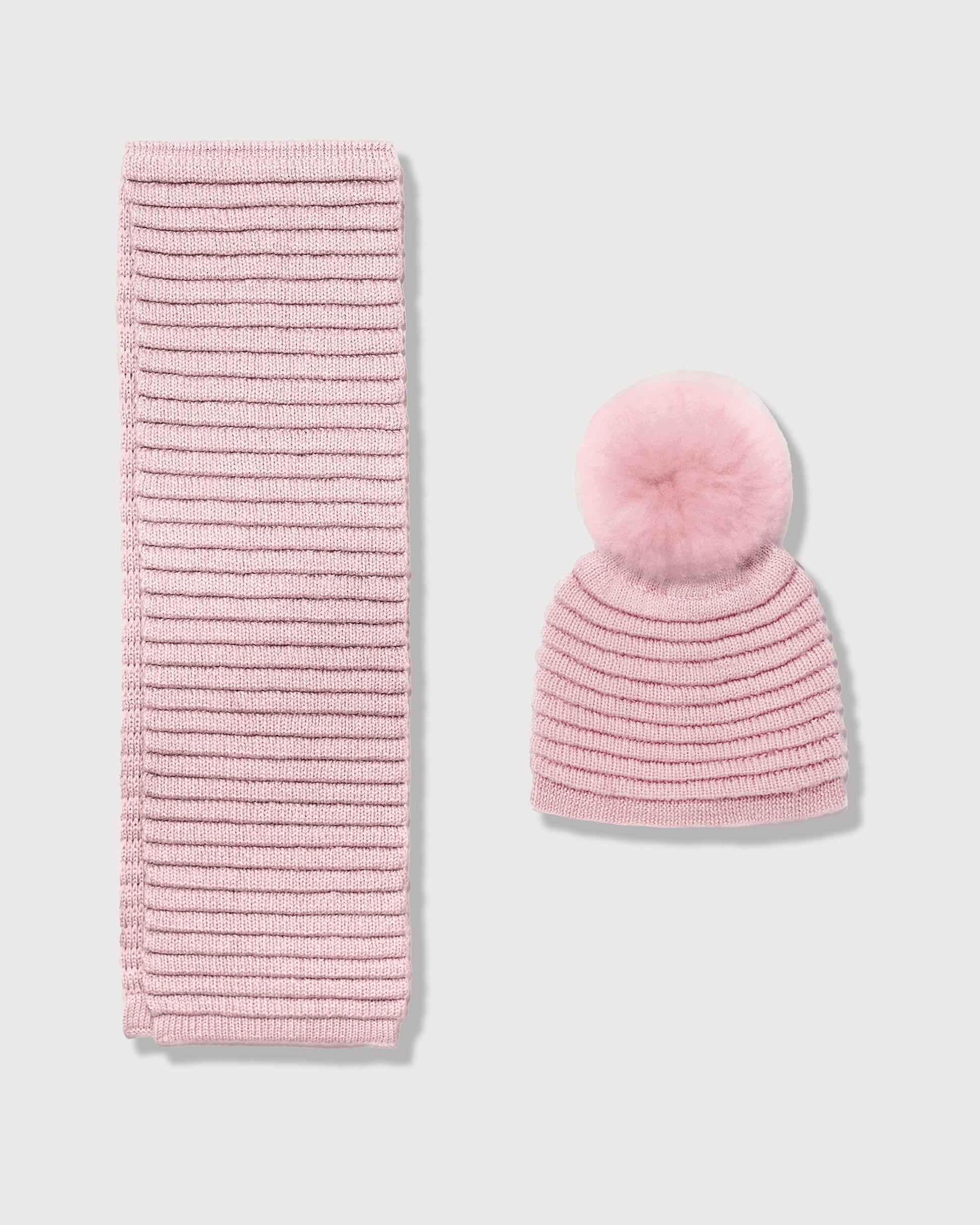 Sentaler kids pink accessories set made from Baby Alpaca fabric, displayed on a white background.