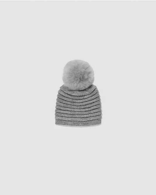 Sentaler Kids Ribbed Grey Hat with Fur Pompon (1-5 Years) in Baby Alpaca yarn, displayed on a white background.