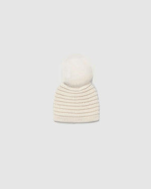 Sentaler Kids Ribbed Ivory Hat with Fur Pompon (1-5 Years) in Baby Alpaca yarn, displayed on a white background.