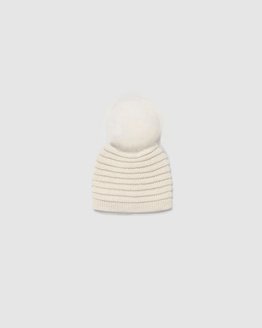 Sentaler Kids Ribbed Ivory Hat with Fur Pompon (1-5 Years) in Baby Alpaca yarn, displayed on a white background.