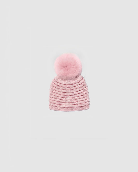 Sentaler Kids Ribbed Pink Hat with Fur Pompon (4-5 Years) in Baby Alpaca yarn. Seen as off figure.