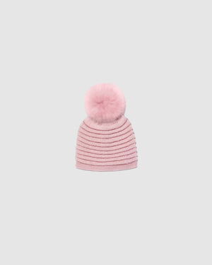 Sentaler Kids Ribbed Pink Hat with Fur Pompon (1-5 Years) in Baby Alpaca yarn, displayed on a white background.