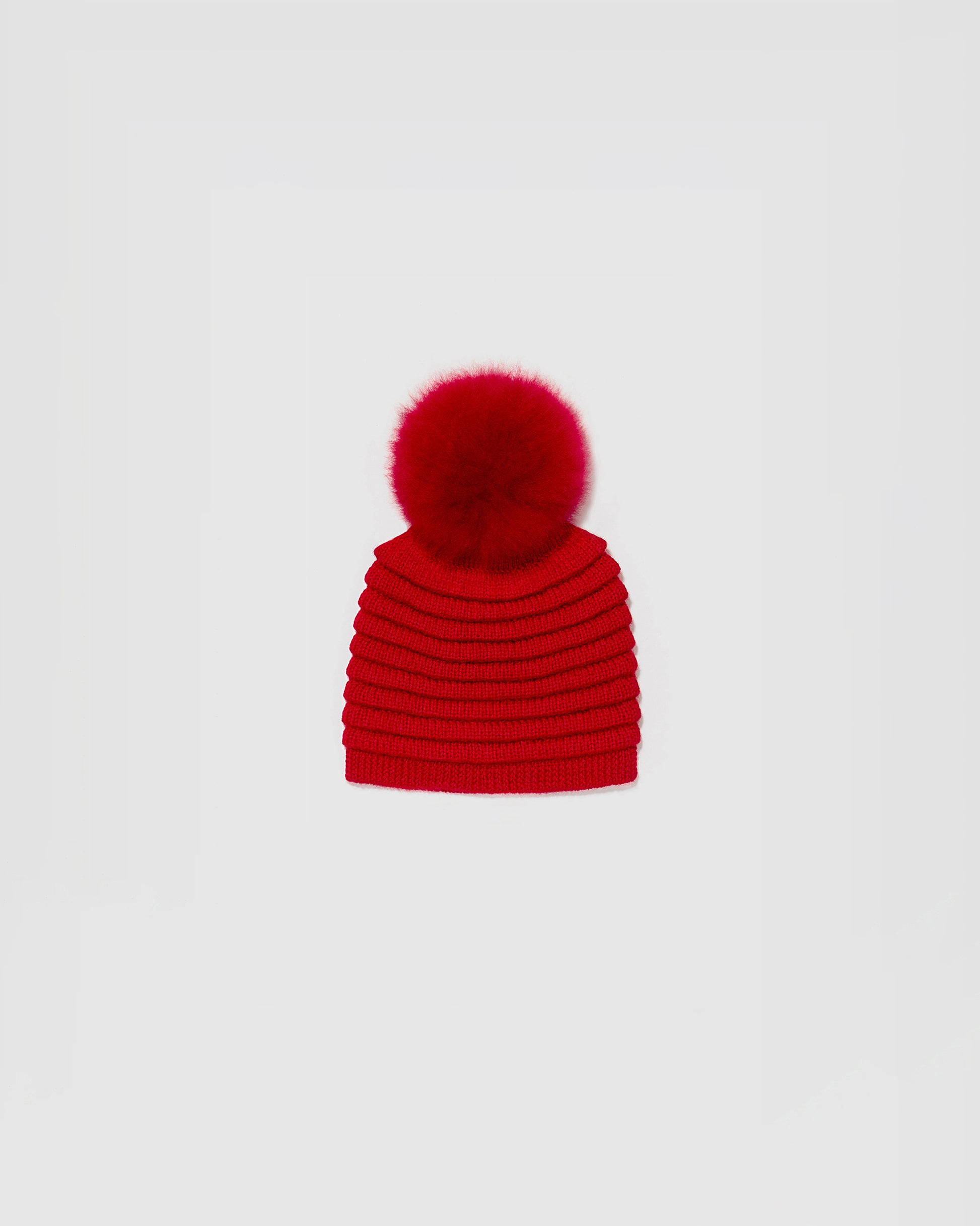 Sentaler Kids Ribbed Red Hat with Fur Pompon (1-5 Years) in Baby Alpaca yarn, displayed on a white background.