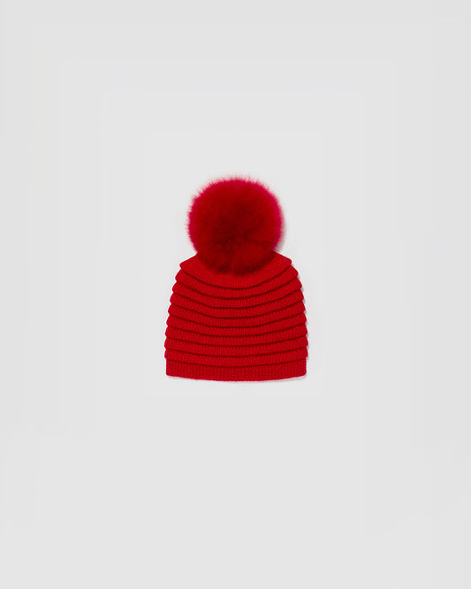 Sentaler Kids Ribbed Red Hat with Fur Pompon (1-5 Years) in Baby Alpaca yarn, displayed on a white background.