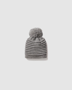 Sentaler Kids Ribbed Grey Hat with Knit Pompon (1-5 Years) in Baby Alpaca yarn, displayed on a white background.