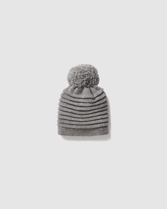 Sentaler Kids Ribbed Grey Hat with Knit Pompon (1-5 Years) in Baby Alpaca yarn, displayed on a white background.
