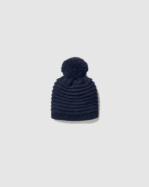 Sentaler Kids Ribbed Navy Hat with Knit Pompon (1-5 Years) in Baby Alpaca yarn, displayed on a white background.