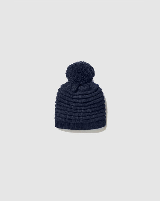 Sentaler Kids Ribbed Navy Hat with Knit Pompon (1-5 Years) in Baby Alpaca yarn, displayed on a white background.