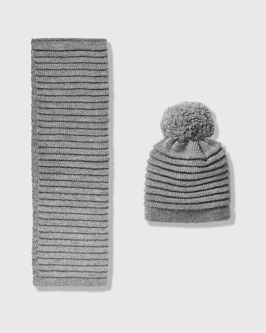 Sentaler kids grey accessories set made from Baby Alpaca fabric, displayed on a white background.