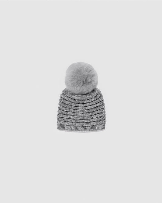 Sentaler Kids Ribbed Grey Hat with Fur Pompon (4-5 Years) in Baby Alpaca yarn. Seen as off figure.