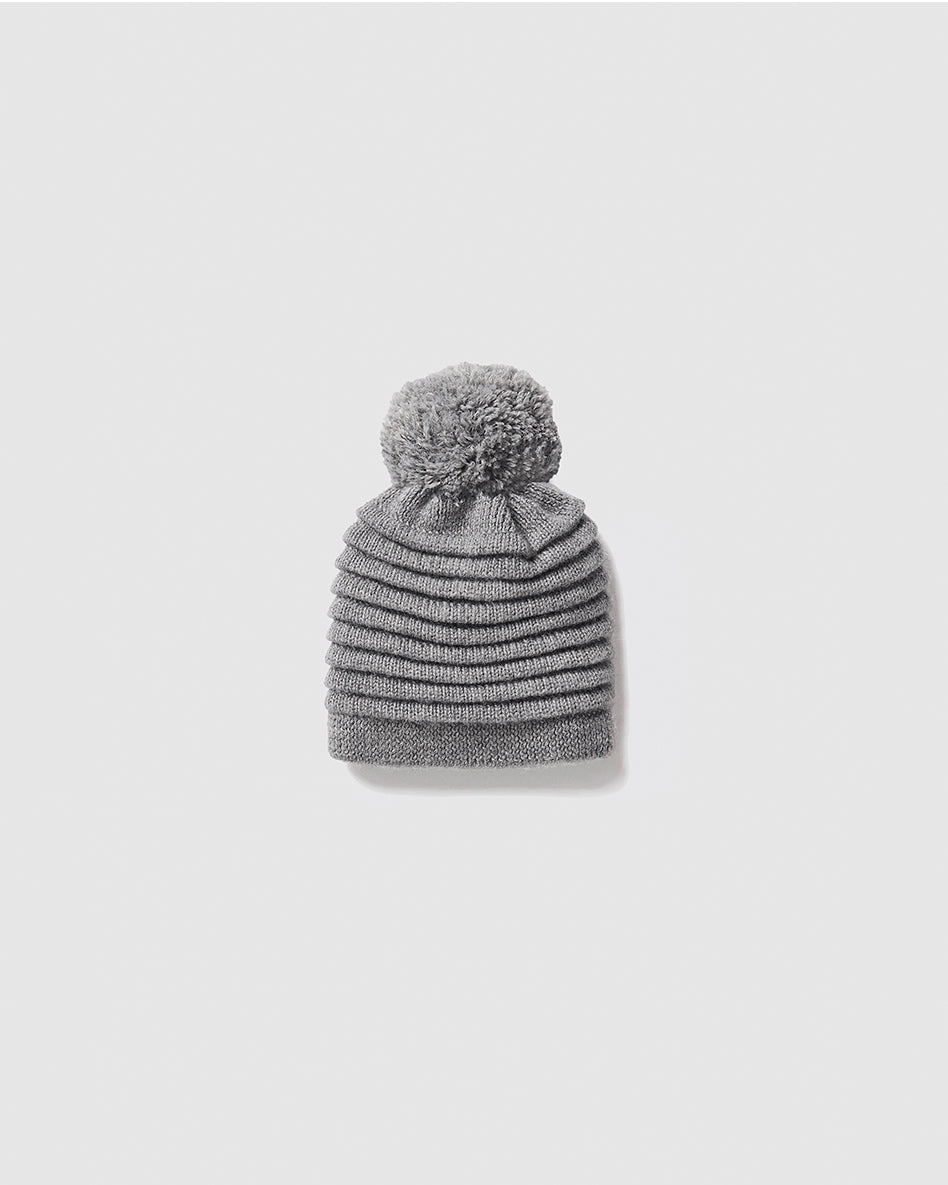 Sentaler Kids Ribbed Grey Hat with Knit Pompon (4-5 Years) in Baby Alpaca yarn. Seen as off figure.